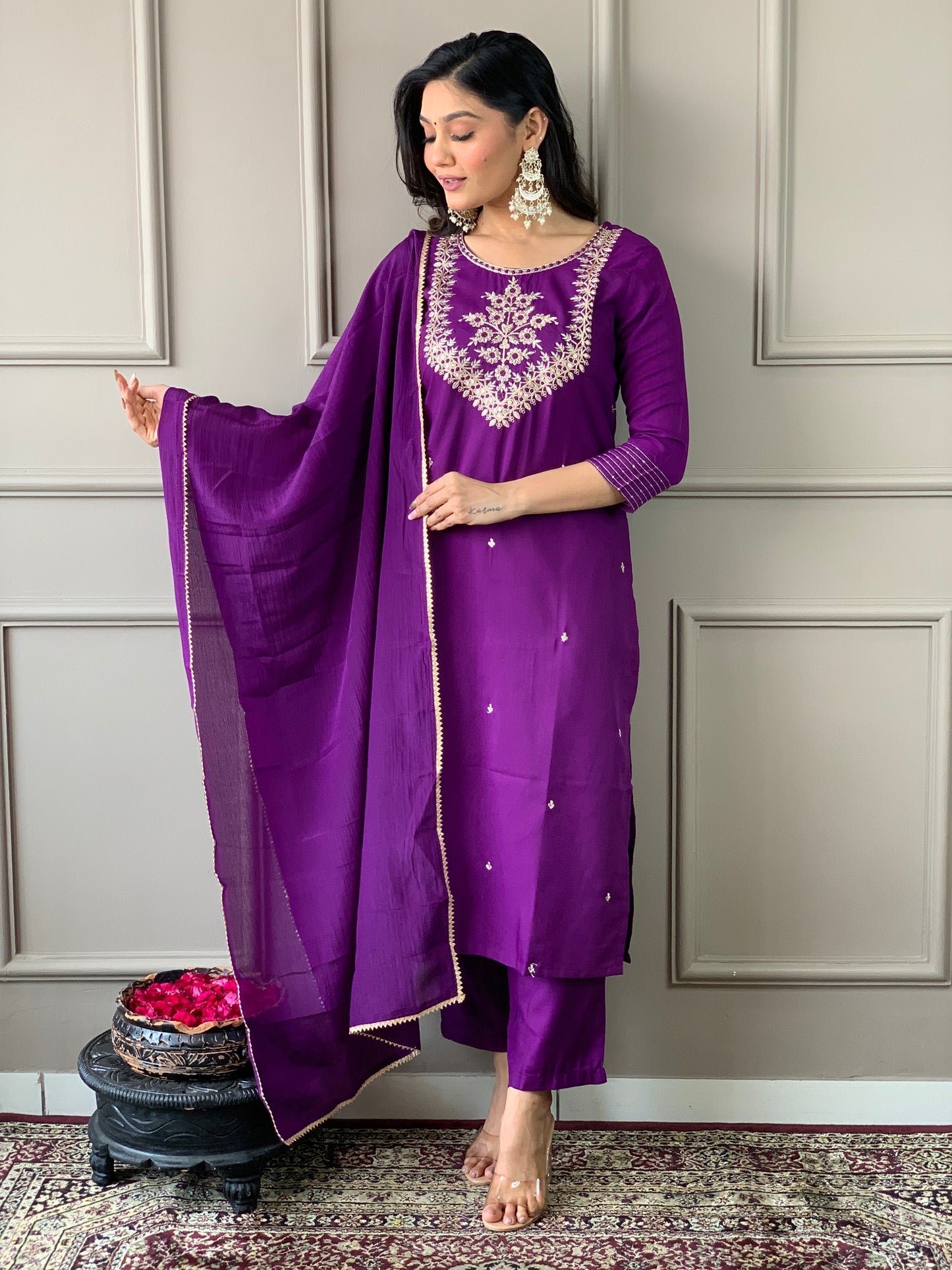 Phenomenal Purple Pure Rayon Embroidery Suit Set