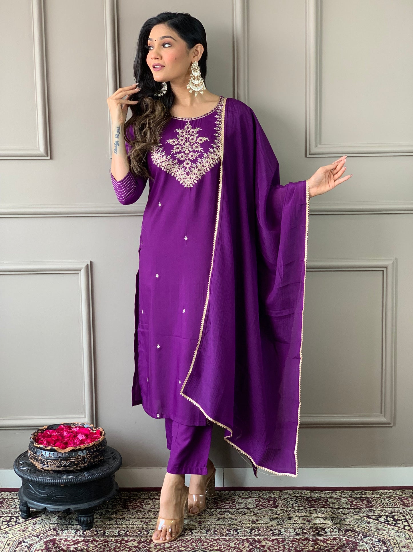 Phenomenal Purple Pure Rayon Embroidery Suit Set