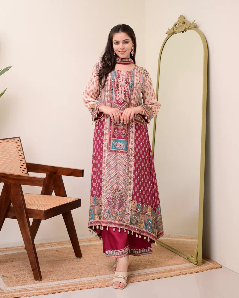 Most Beautiful Pure Chinon A-Line Suit Set