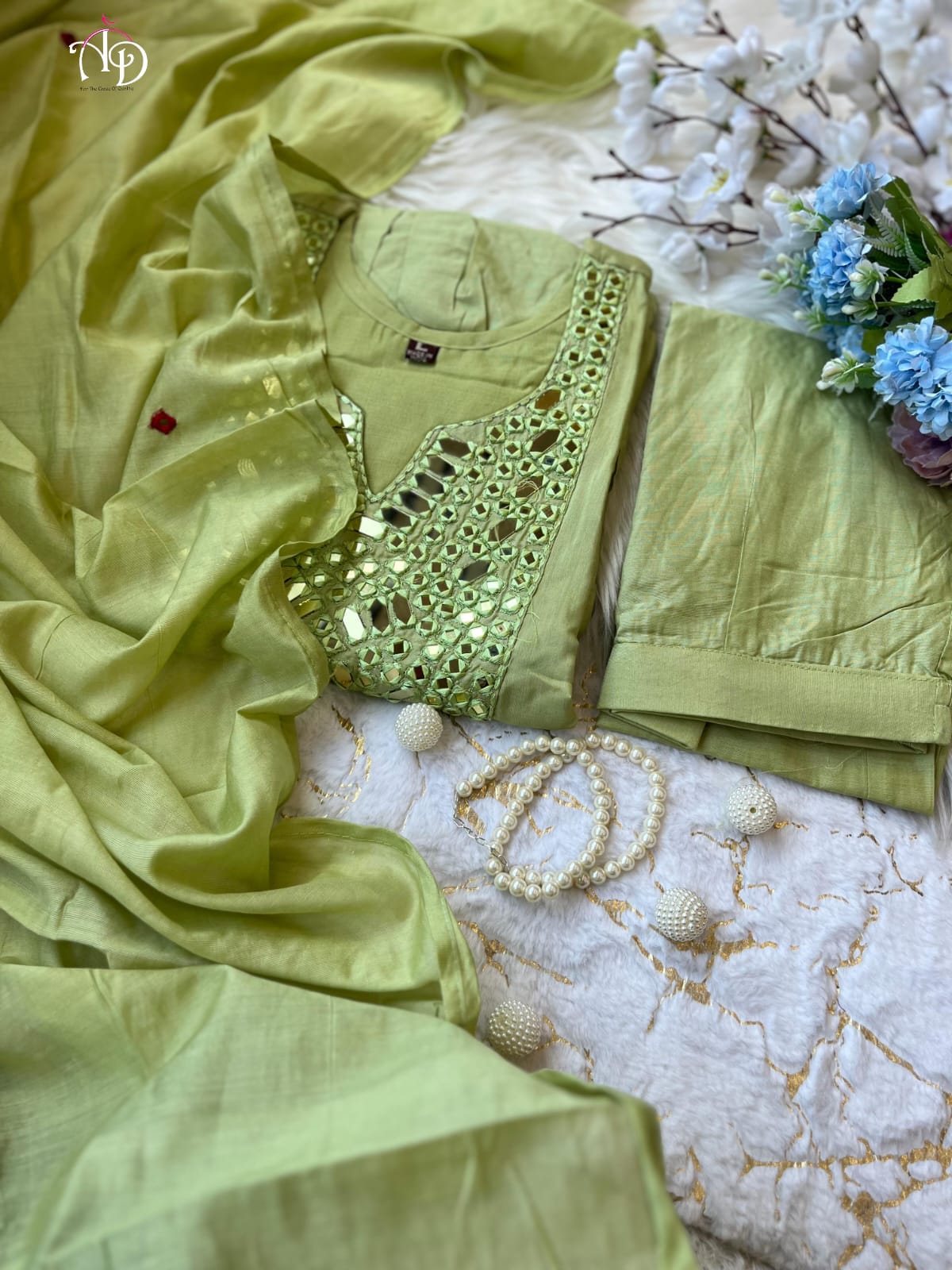 Stunning Mal Chanderi Silk Suit Set With Real Mirror Style