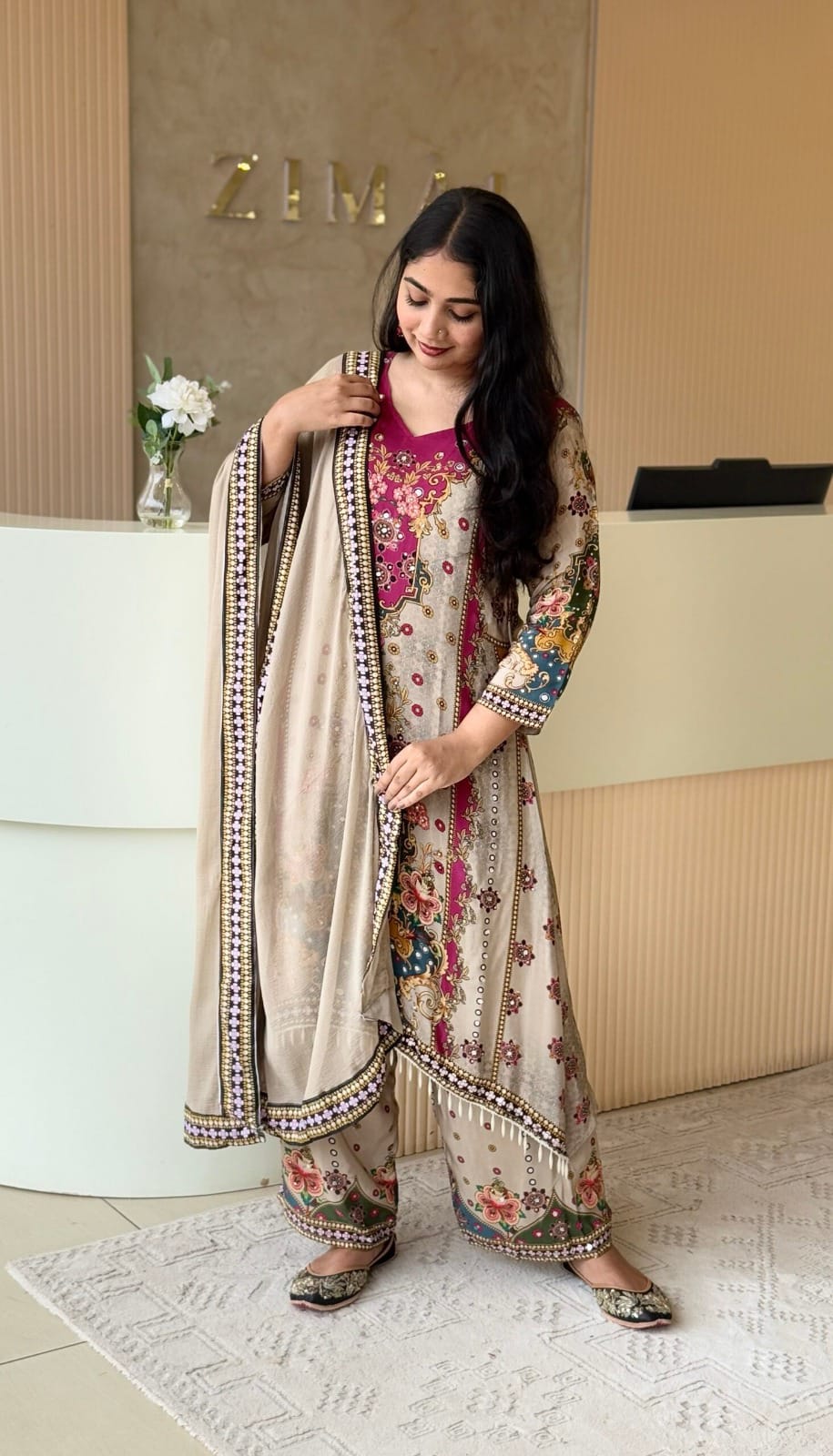 Most Charming Pure Muslin Cotton Suit Set With Plazo