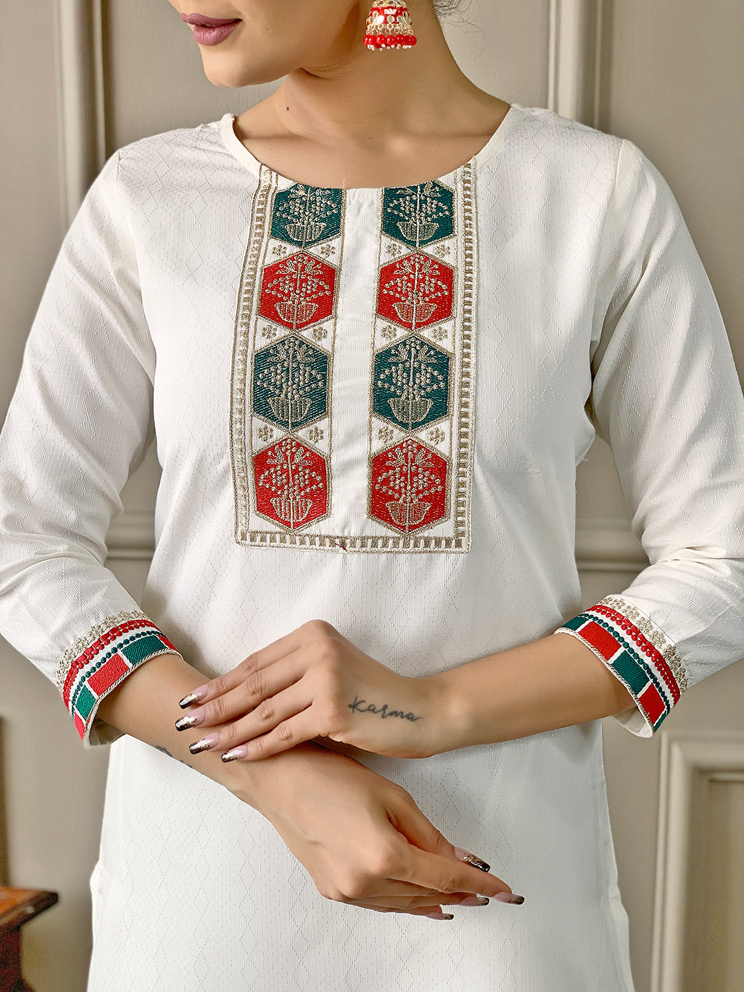 Mellifluous Off White Viscose Silk Embroidery Suit Set