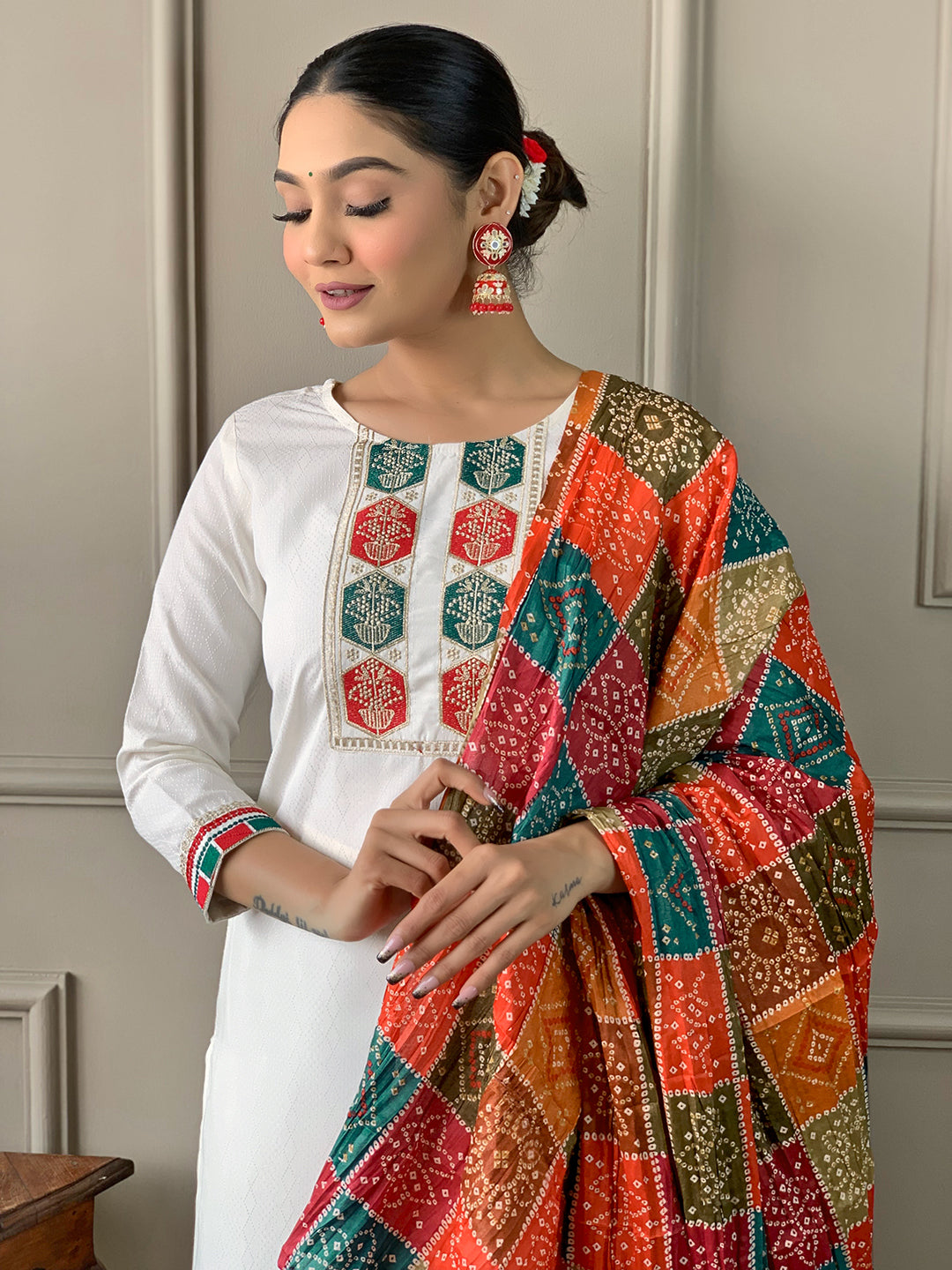 Mellifluous Off White Viscose Silk Embroidery Suit Set