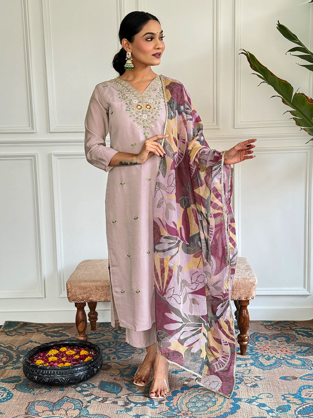 Denouement Beige Chanderi Silk Embroidery Suit Set