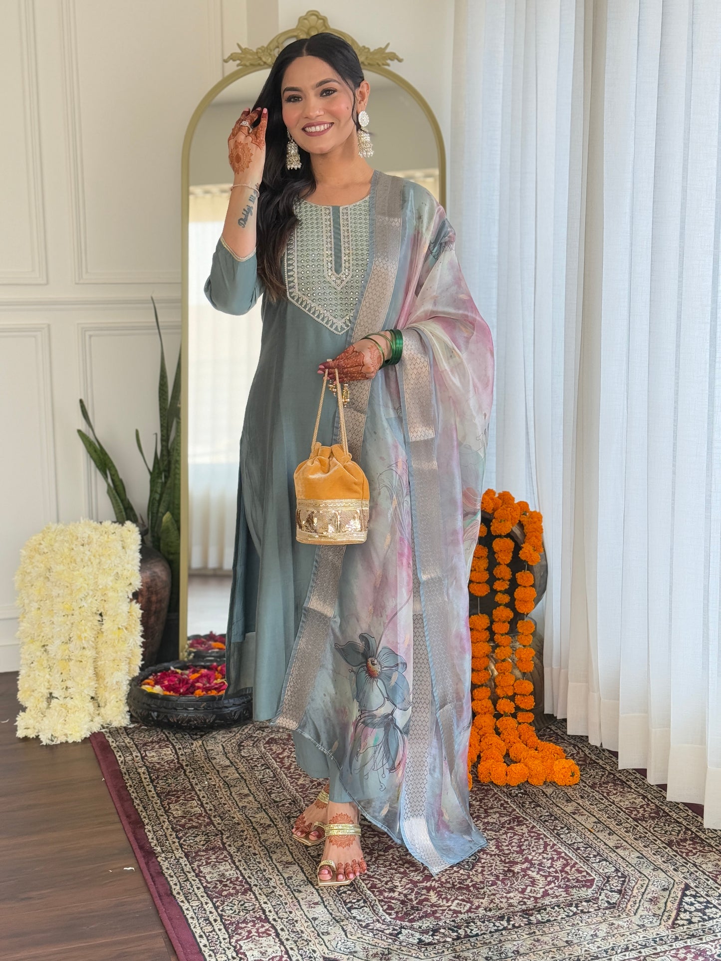 Opulent Pista Pure Viscose Embroidery Suit Set