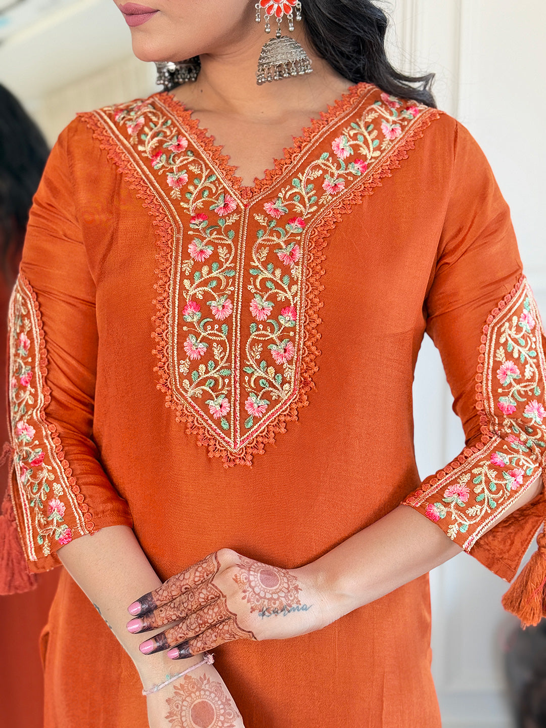 Gleaming Rust Pure Viscose Embroidery Suit Set