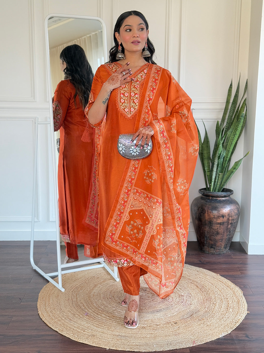 Gleaming Rust Pure Viscose Embroidery Suit Set