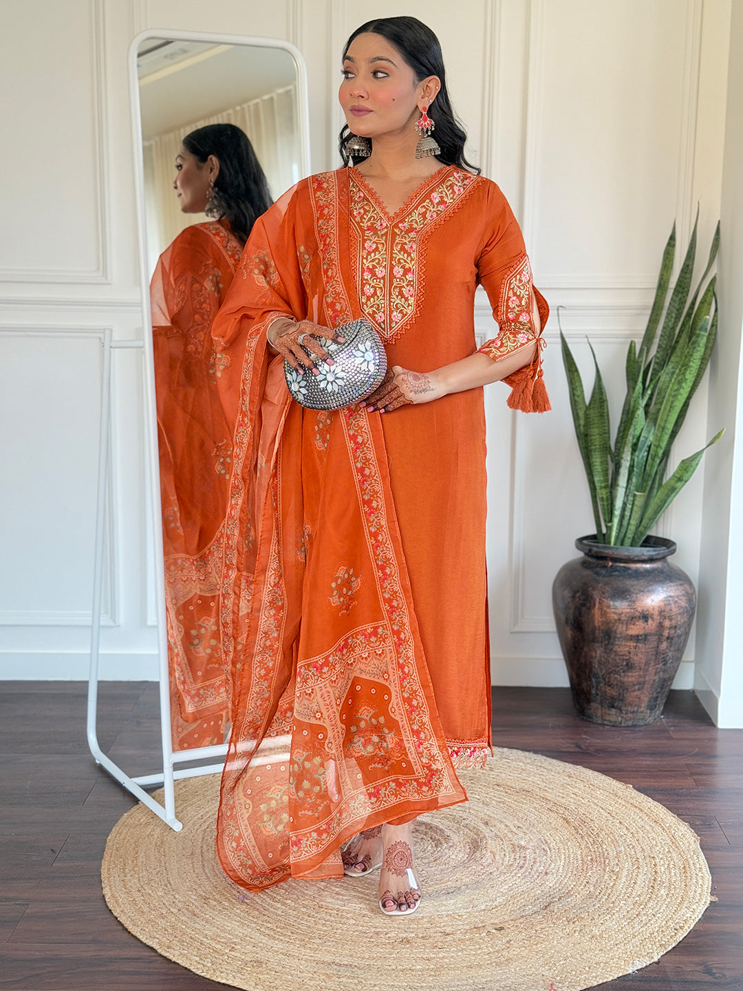 Gleaming Rust Pure Viscose Embroidery Suit Set