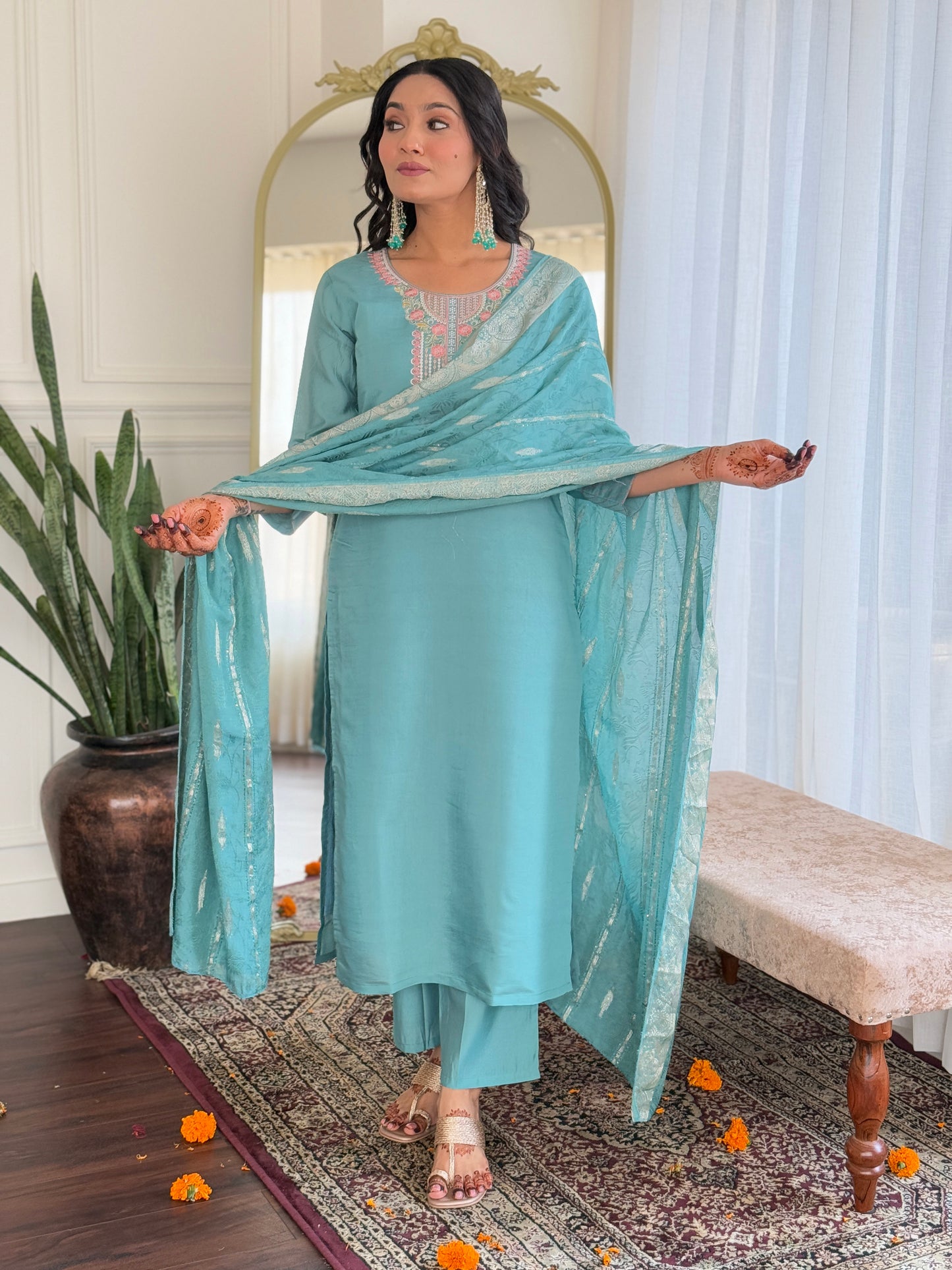 Glittering Sky Chanderi Silk Embroidery Suit Set