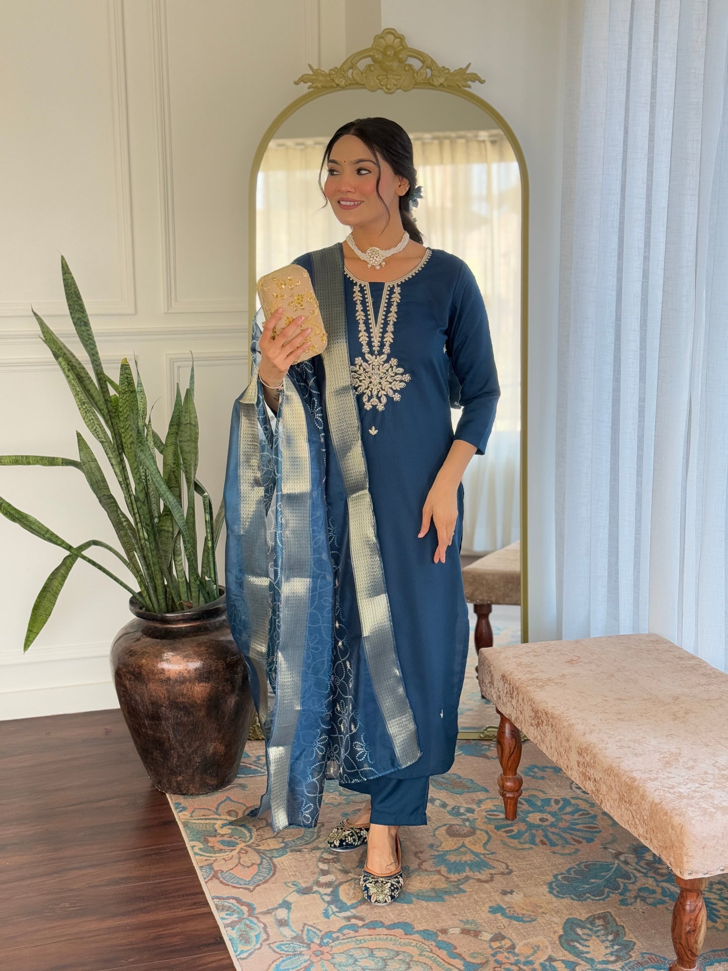 Elegant Blue Rayon Silk Embroidery Suit Set