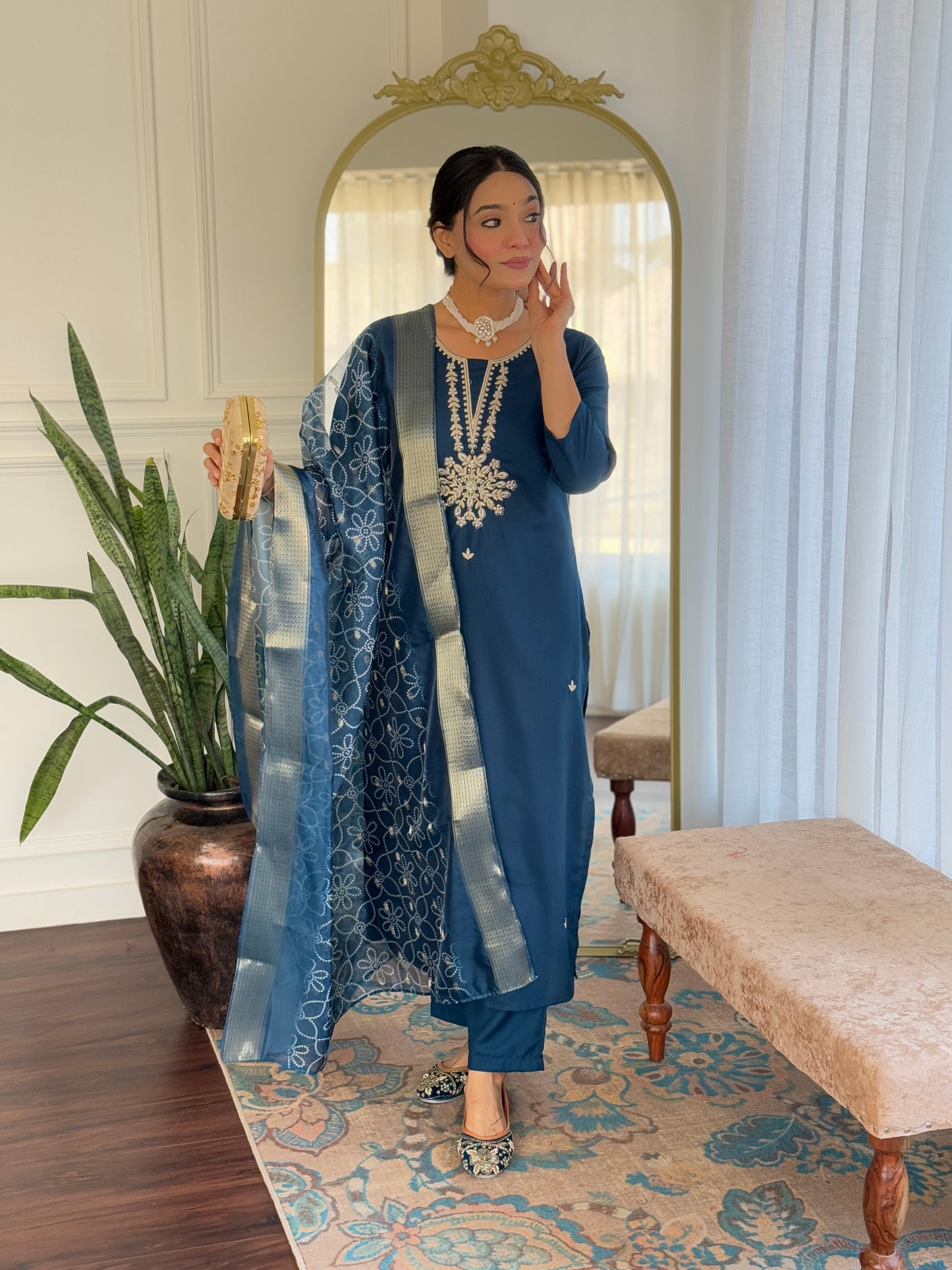 Elegant Blue Rayon Silk Embroidery Suit Set