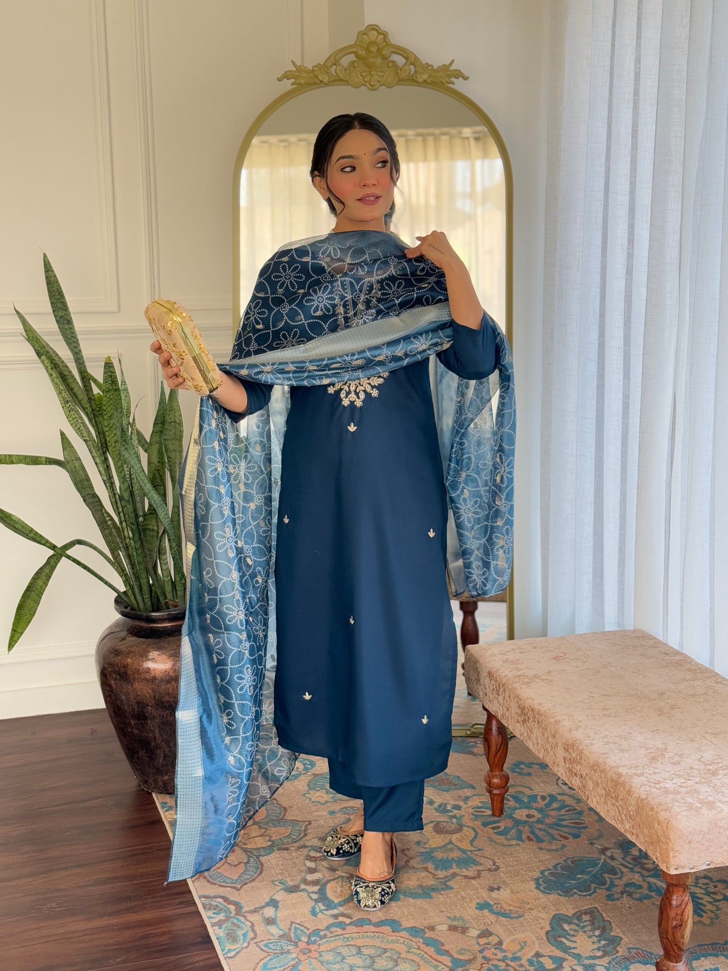 Elegant Blue Rayon Silk Embroidery Suit Set