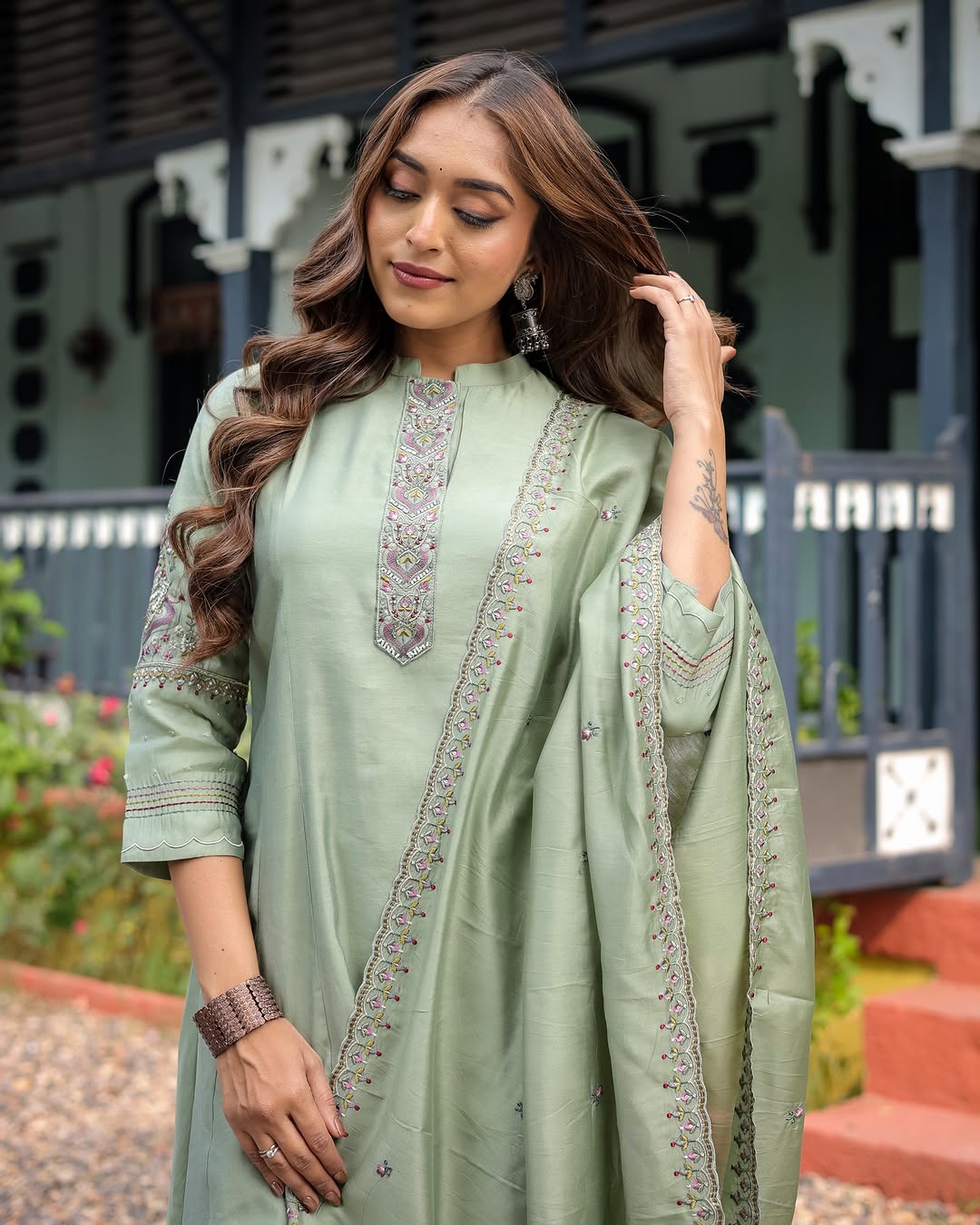 Most Stunning Maslin Silk Anarakli Embroidered Suit Set