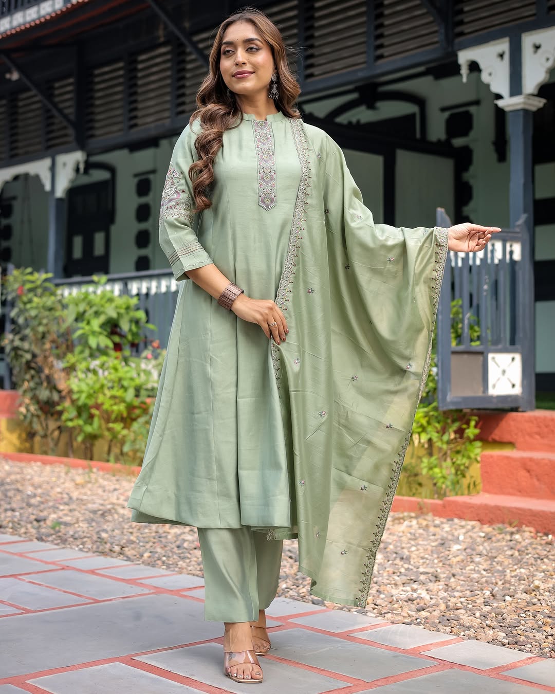 Most Stunning Maslin Silk Anarakli Embroidered Suit Set