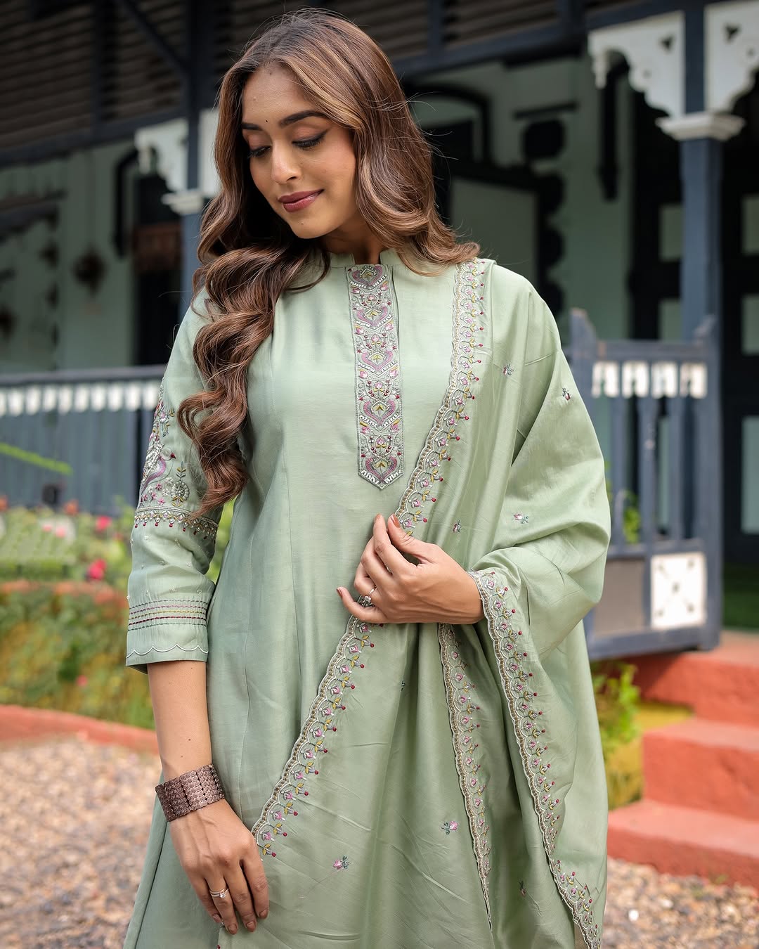Most Stunning Maslin Silk Anarakli Embroidered Suit Set
