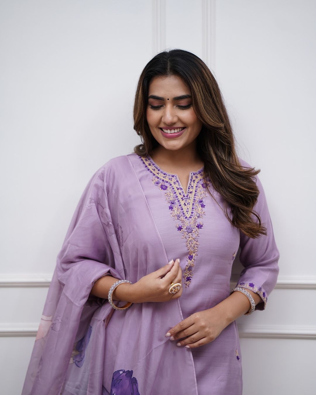 Quintessential Lavander Rayon Suit Set With Embroidary Work