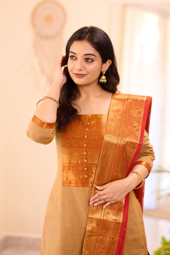 Most Trending Cream Color Kanchi Cotton Suit Set