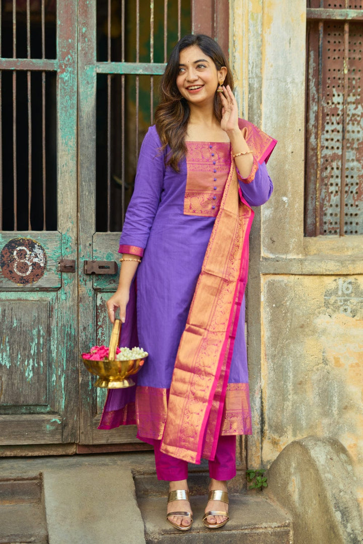 Most Trending Lavender Color Kanchi Cotton Suit Set