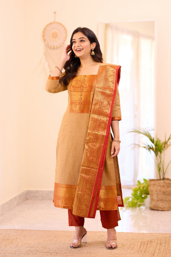 Most Trending Cream Color Kanchi Cotton Suit Set