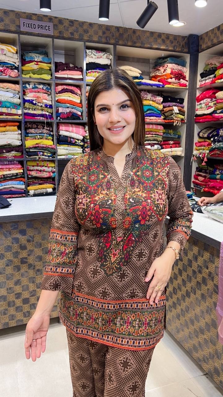 Ethnic Brown Printed Stylish Co-Ord Set
