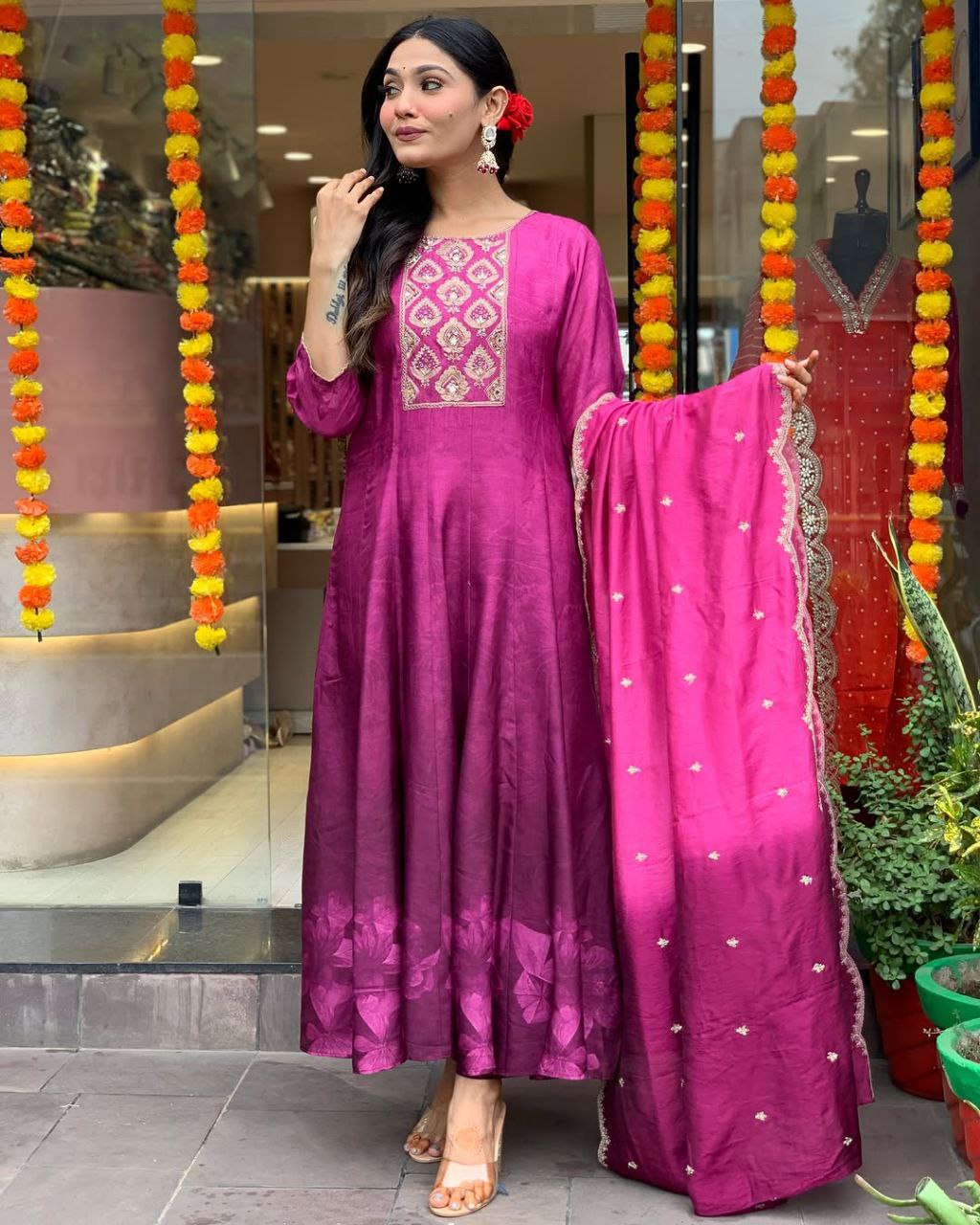 Most Pleasing Diamond Silk Anarkali Style Suit Set