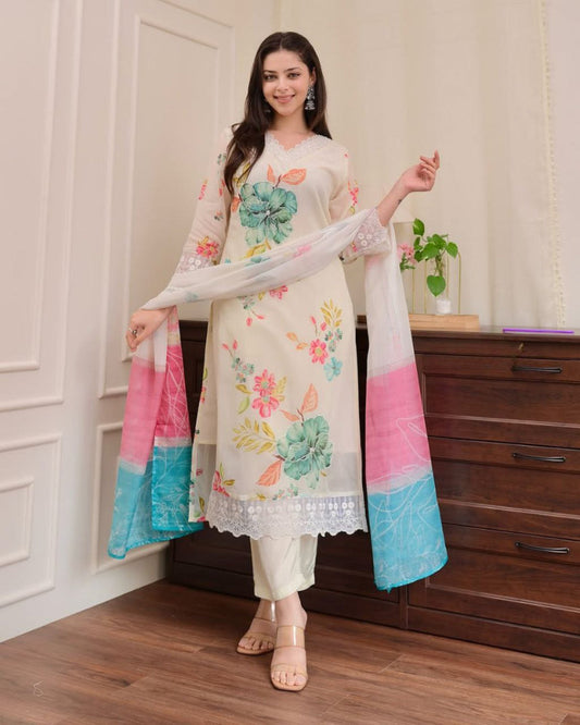 Most Charming Organza Suit Set With HandWork