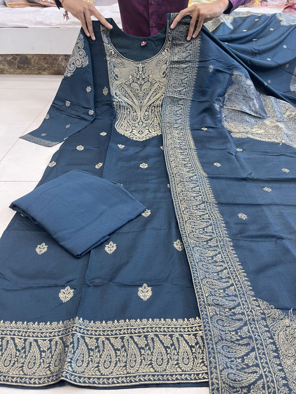Groovy Blue Pure Heavy Designer Chanderi Silk Suit Set