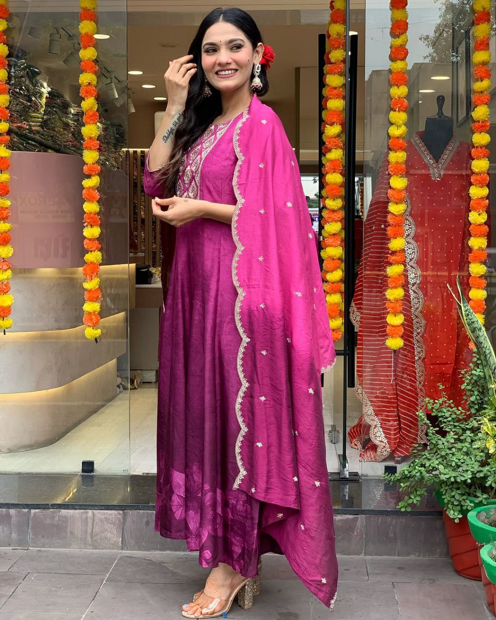 Most Pleasing Diamond Silk Anarkali Style Suit Set