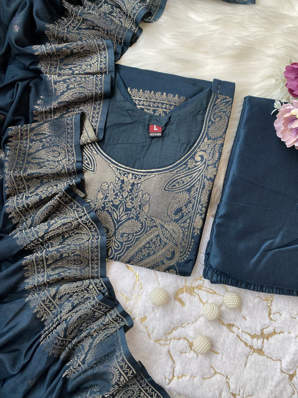 Groovy Blue Pure Heavy Designer Chanderi Silk Suit Set