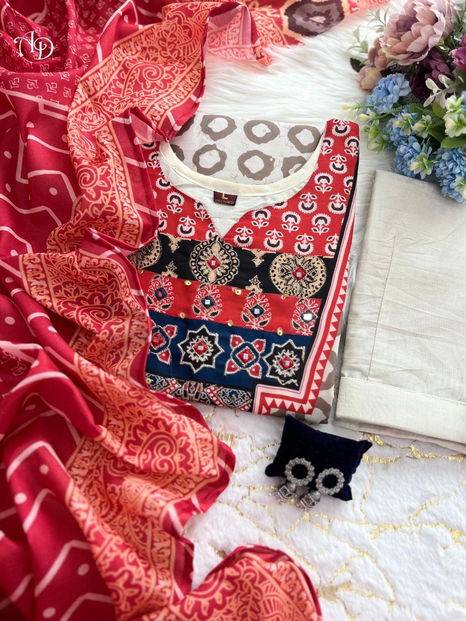 Trending Ajarakh White Pure Muslin Suit Set