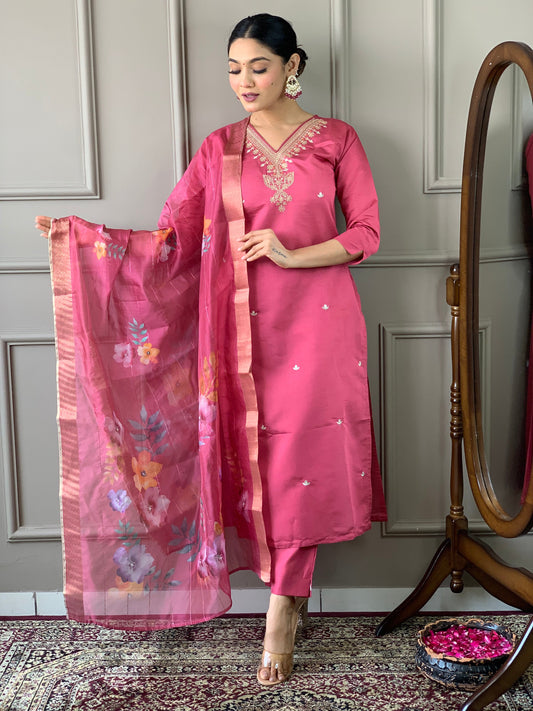 Beautiful Viscose Chanderi Silk Embroidary Suit Set