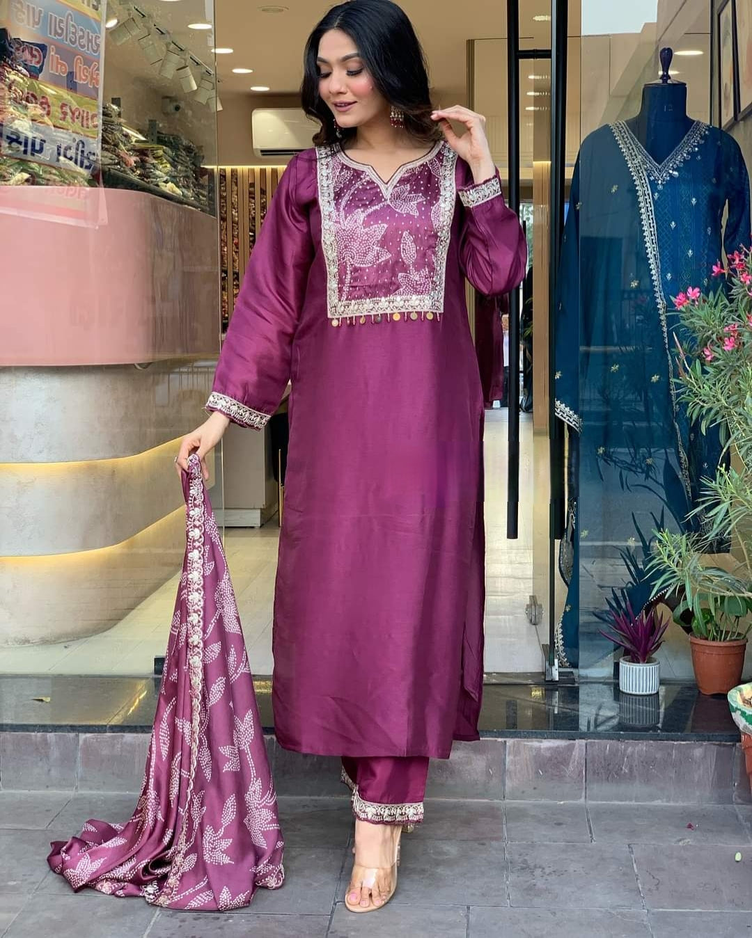 Beautiful Viscose Chanderi Embroidary Suit Set