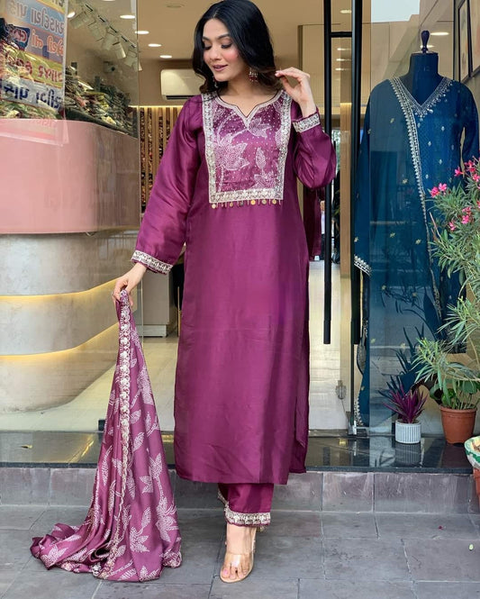Beautiful Viscose Chanderi Embroidary Suit Set