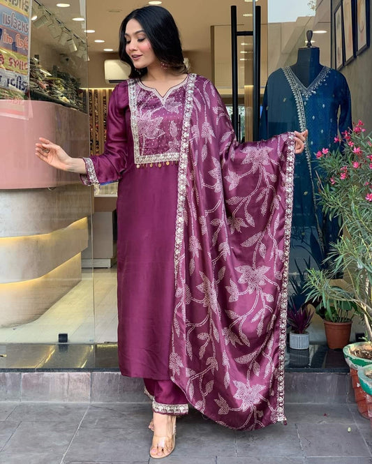 Beautiful Viscose Chanderi Embroidary Suit Set