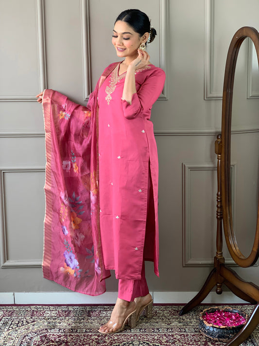 Beautiful Viscose Chanderi Silk Embroidary Suit Set