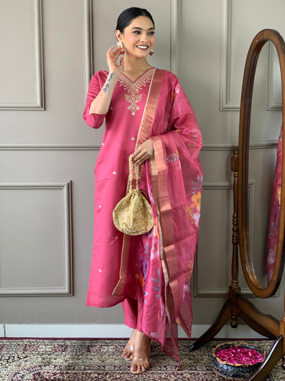 Beautiful Viscose Chanderi Silk Embroidary Suit Set