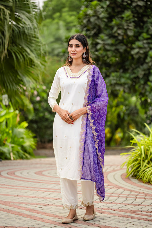 Stunner White Roman Silk Embroidery Suit Set