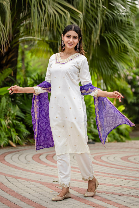 Stunner White Roman Silk Embroidery Suit Set