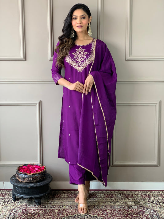 Phenomenal Purple Pure Rayon Embroidery Suit Set