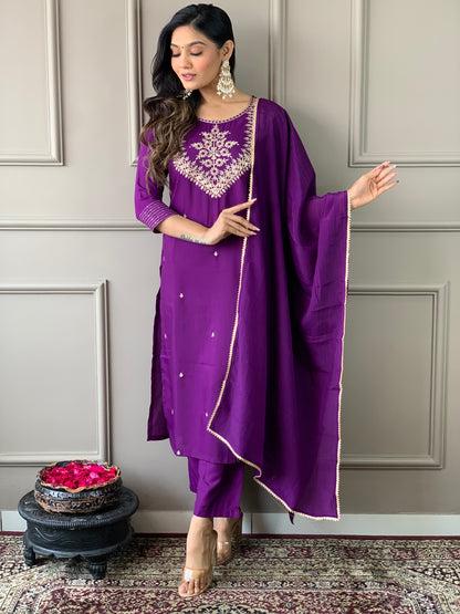 Phenomenal Purple Pure Rayon Embroidery Suit Set