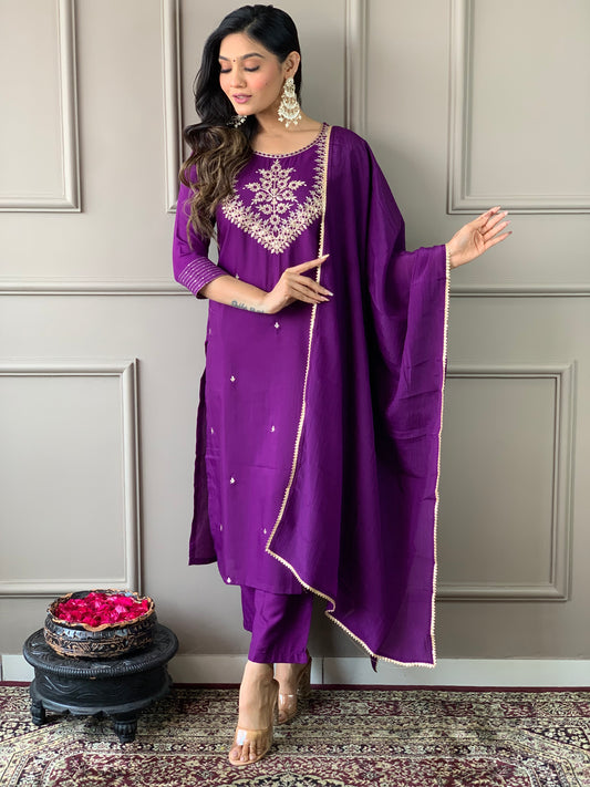 Phenomenal Purple Pure Rayon Embroidery Suit Set