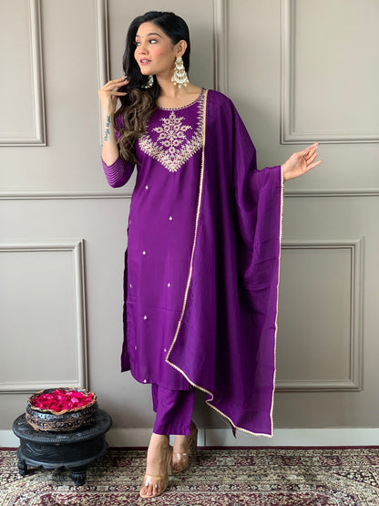 Phenomenal Purple Pure Rayon Embroidery Suit Set
