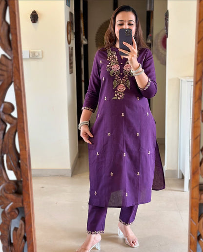 Sophisticated Pure Cotton Purple Embroidary Work Suit Set