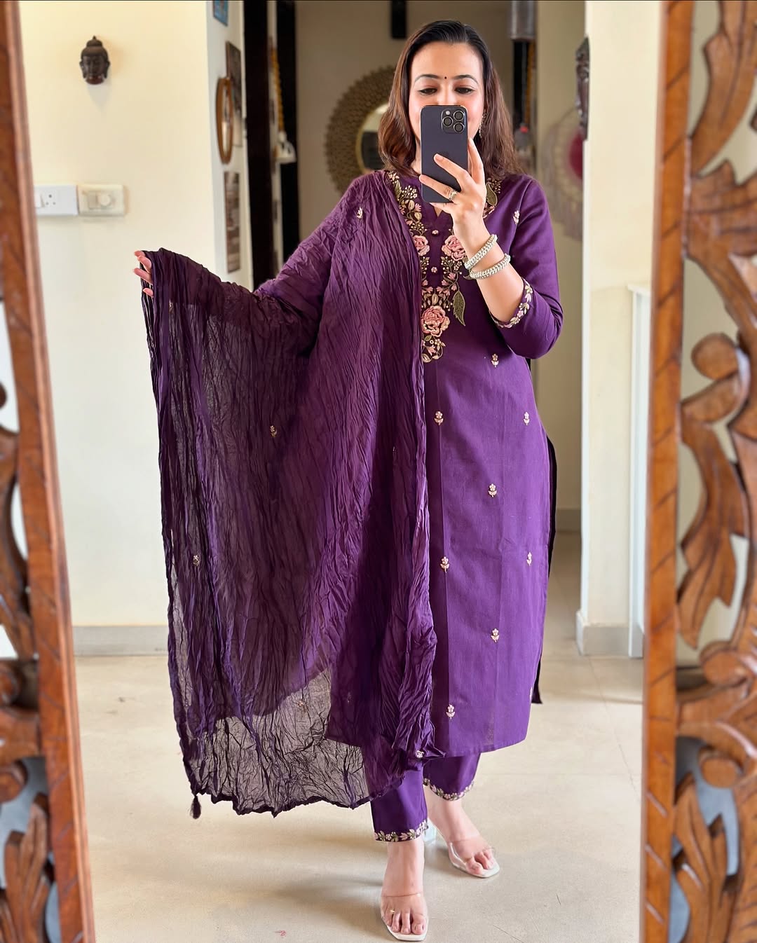 Sophisticated Pure Cotton Purple Embroidary Work Suit Set