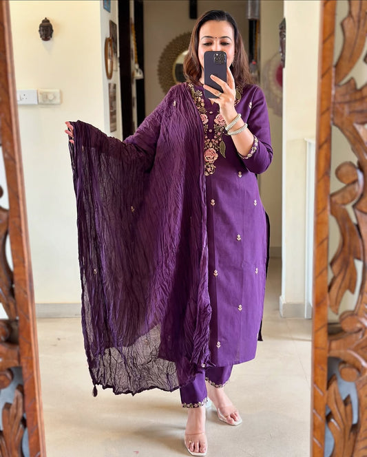 Sophisticated Pure Cotton Purple Embroidary Work Suit Set