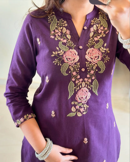 Sophisticated Pure Cotton Purple Embroidary Work Suit Set