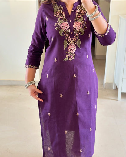 Sophisticated Pure Cotton Purple Embroidary Work Suit Set