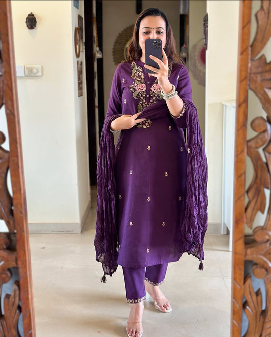 Sophisticated Pure Cotton Purple Embroidary Work Suit Set