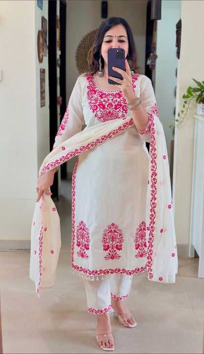 Most Beautiful Mul Chanderi Silk Embroidery Suit Set