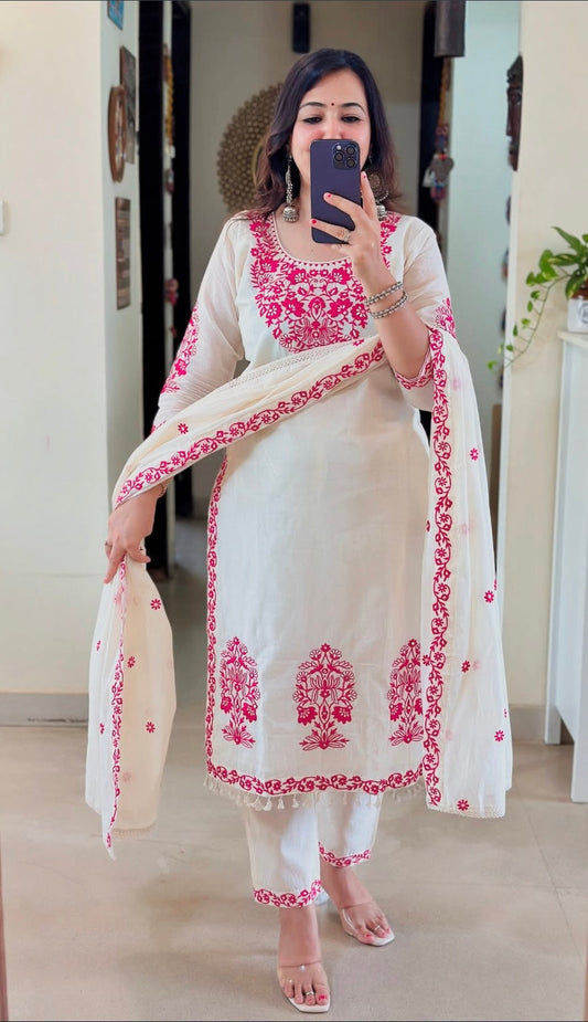 Most Beautiful Mul Chanderi Silk Embroidery Suit Set